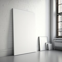 Wall Mural - large white blank canvas without frame hanging on the wall of modern light interior, generative AI