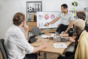 Wall Mural - Group of four multi ethnic partners sitting at desk and listening speech of african american man near huge monitor with various graphs and charts. Business meeting at office.