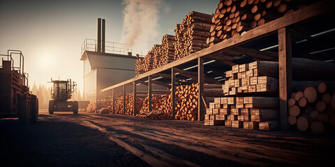 Open-air woodworking facility with loading machines for fresh wood, wood for construction and furniture, wood machinery. Generative AI