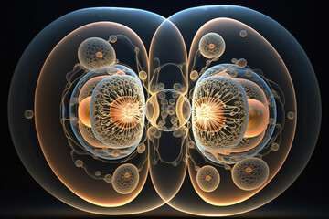 Cell division or cell connection, the microbiological process of reproduction of the simplest microorganisms microbes, bacteria, protein. Generative AI.