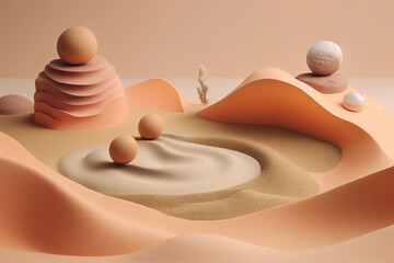 3d render of abstract background with white sphere in the middle of the desert