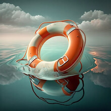 Orange Life Buoy On The Surface Of The Sea, A Symbol Of Rescue, Help	