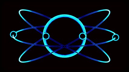 Poster - Animation of moving particles in orbit of atom. Design. Simple animation with moving electrons around atom. Trajectory of electrons around atom on black background