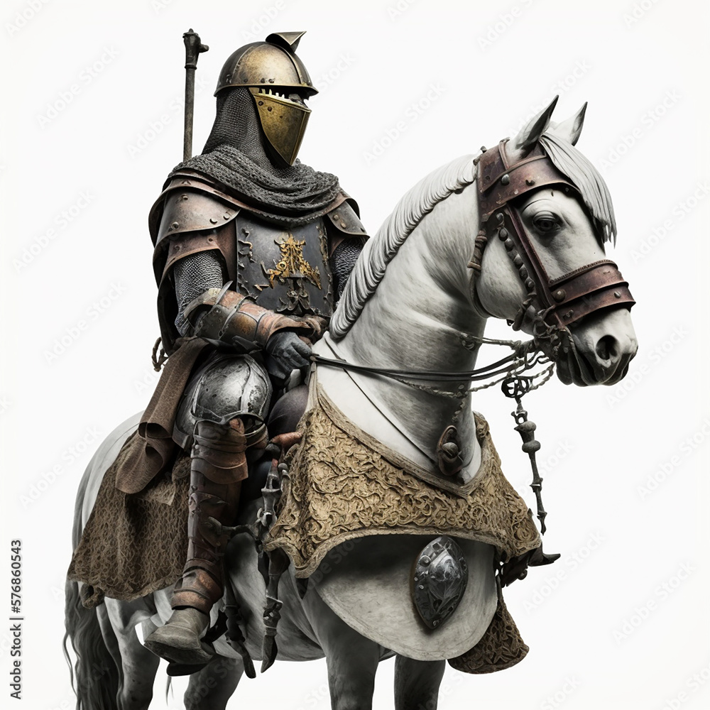 Medieval knight in ancient metal armor on a horse, clothes of medieval ...