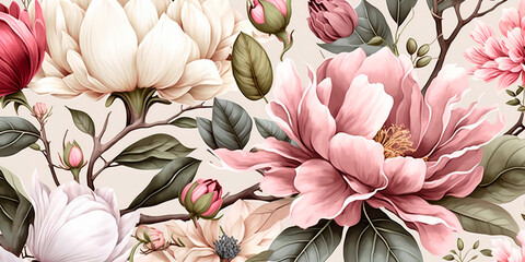 delicate floral watercolor pattern for textiles and backgrounds, watercolor peonies flowers and gree