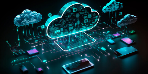 Wall Mural - Cloud technology concept. Data center concept. Modern cloud technologies. Neon colors, cyber space, isometric illustration network with computer, laptop, tablet and smartphone. For web. Generative AI