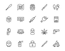 Crime Line Icon Set. Thief Gun Weapon Violence Criminal Vector Icon Pack. Robbery Knife Crime Icon Set.