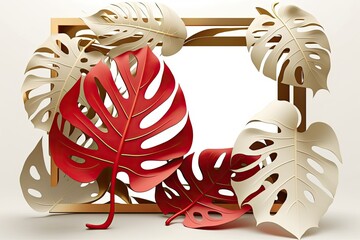 Poster - a frame of gold monstera leaves on a white background. perspective from on high. there was no room f