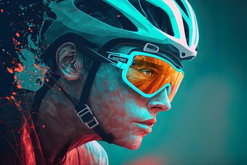 Wall Mural - An AI-generated image of a cyclist wearing protective gear and glasses on a level road. Generative AI
