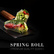 Japanese Vegetable spring roll with cabbage, avocado, lettuce, cucumber, bell pepper and cream cheese served on kitchen hatchet on black background. Ready dark square banner with text and copy space