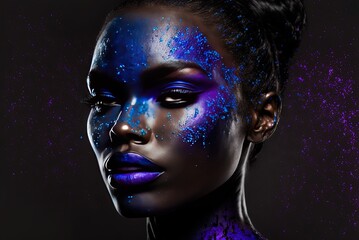 Wall Mural - a picture of a black woman's face with droplets of blue cosmetics, galaxy stars, and dark purple lip color drawn in UV light Generative AI