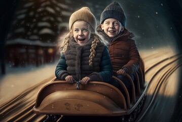 Wall Mural - The two siblings are enjoying a ride on a rail-mounted motorized sled. Generative AI