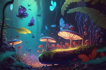 Wall Mural - beautiful miniature fairytale enchanted forest, trees, mushrooms, elves, rivers, plants, fireflies. 