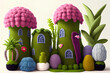 generative AI. cute colorful miniature fantasy castle or fortress made of wool. Cartoon animation movie style.