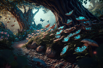 Wall Mural - beautiful miniature fairytale enchanted forest, trees, mushrooms, elves, rivers, plants, fireflies. 