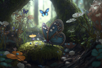 Wall Mural - beautiful miniature fairytale enchanted forest, trees, mushrooms, elves, rivers, plants, fireflies. 