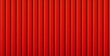 Red grooved metal wall texture. Striped iron fence seamless pattern. Plastic home siding background. Vertical line roofing sheet surface top view. Industrial metallic sea container 3d shape front side