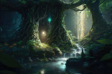 Wall Mural - a beautiful fairy tale enchanted forest with big trees and great vegetation. digital painting backgr