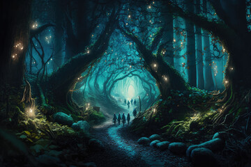 Wall Mural - a beautiful fairy tale enchanted forest with big trees and great vegetation. digital painting backgr