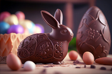 Wall Mural - Chocolate bunny on a table with chocolates. Easter. 