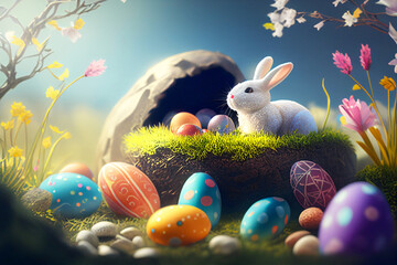 Wall Mural - Multicolored Easter eggs in the foreground. A rabbit on the grass in the background. Easter.