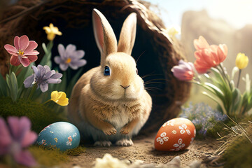 Wall Mural - Easter bunny with eggs. Flowers in the background. Easter