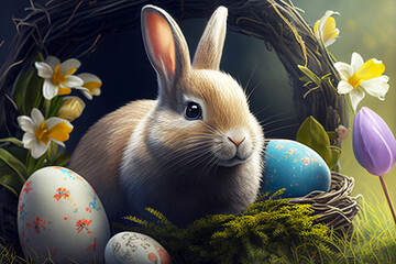 Wall Mural - Easter bunny with eggs. Flowers in the background. Easter