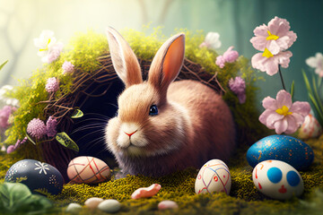 Wall Mural - Easter bunny with eggs. Flowers in the background. Easter