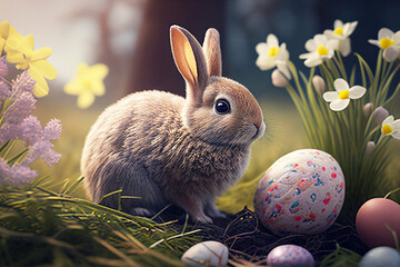 Wall Mural - Easter bunny with eggs. Flowers in the background. Easter