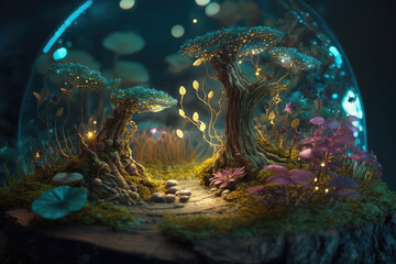 Wall Mural - beautiful miniature fairytale enchanted forest, trees, mushrooms, elves, rivers, plants, fireflies. 