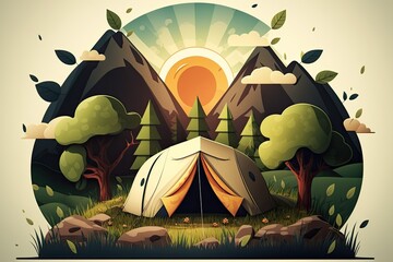 Canvas Print - Tent in the woods with mushrooms and grass, a mountain in the background, and a bright sun. Generative AI