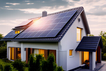 Wall Mural - Solar panel on roof house. Home with solar panels on roof. Modern house interior. Tanunhouses and residential buildings houses with solar panels on roof. Solar photovoltaic systems. Ai Generative.