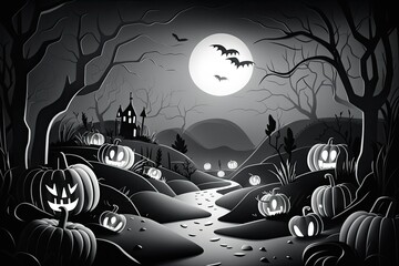 Poster - tentatively gloomy atmosphere, appropriate for halloween. there are pumpkins and neon lights in the 