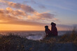 Women with her dog watching the sunset at the beach. High quality photo