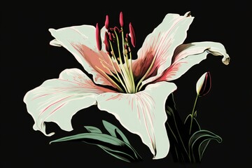 Sticker - Image of a white lily bloom with a crimson edge, cropped close up; background colors are pastel pink with white text space. Floral symbol of purity and innocence. Flowers, especially peonies, in a ver