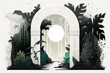 Poster - Visualization of a Fantastical Idea This picture depicts an ancient dimensional portal gate leading into a jungle setting. Horizontal side view, skyline, digital art style, illustration painting