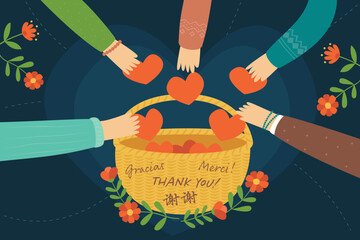 Hands holding hearts, non-profit appeal for charity, donation and fundraising, thank you in English, Spanish, French and Chinese. Vector illustration.