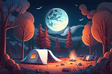 Poster - Campsite in the autumn forest in a national park, with the Milky Way and stars overhead. Generative AI