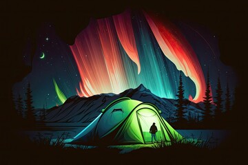 Sticker - The Northern Lights shining on a tent. Generative AI