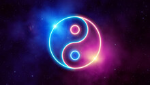 Yin Yang Neon Light Symbol In Blue And Pink Colors On A Background Of The Universe With Nebulae
