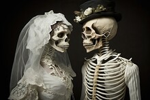 Skeletons Dressed As Bride And Groom, Concept Of Death And Marriage, Created With Generative AI Technology