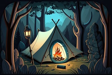 Canvas Print - Tent in the woods, lit up like a fairy castle. A tent, an ax, a sleeping bag, and a fire. Camping in the Blue Ridge Mountains in Asheville, North Carolina, with some basic bushcraft equipment