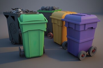 Poster - trash cans on wheels with the lids open are completely stuffed with various types of garbage, includ
