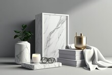 Style And Sophistication In The Home Are Represented By The Marble Cube Coffee Table, The Fashionable Accessories, And The Vase. Blanket Copy Space. Template. Generative AI