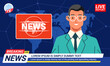 TV anchorman reader on a television program reporting news with world map background