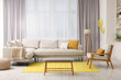 Spring atmosphere. Stylish room interior with comfy sofa, lamp, ottoman and armchair