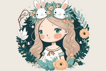 Canvas Print - Character a sweet little white hare girl with a floral crown. Generative AI