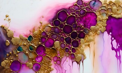 Wall Mural - Alcohol ink painting background. Marble abstract texture. Modern fluid art in purple and pink tones with golden pigment. Generative AI illustration.