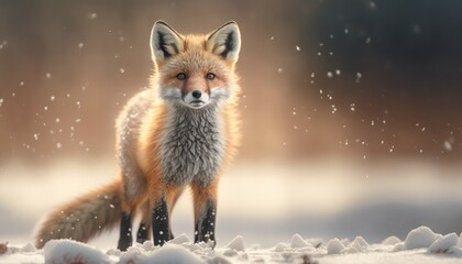 Wall Mural - super cute baby fox in a winter landscape.. created with generative ai.