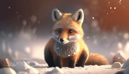 Wall Mural - super cute baby fox in a winter landscape.. created with generative ai.